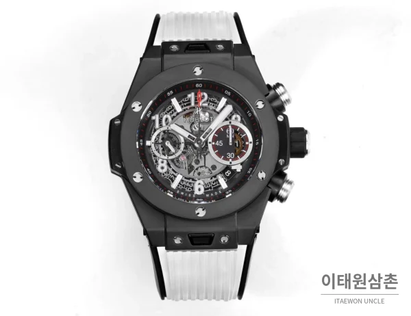 위블로 빅뱅 유니코 세라믹 컬러다이얼 크로노그래프 오토매틱 45mm 컬러 세라믹 화이트 러버 스트랩 블랙 베젤