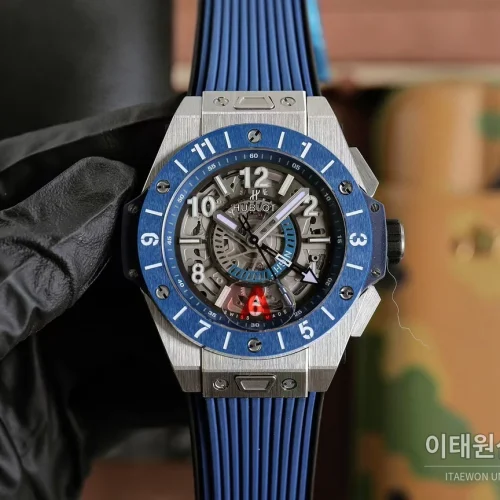 위블로 빅뱅 유니코 GMT 티타늄 블루 오토매틱 45mm 411.NL.7112.RX 스켈레톤 다이얼 블루 러버 스트랩 블루 베젤 위블로 빅뱅 유니코 GMT 티타늄 블루 오토매틱 45mm 411.NL.7112.RX 스켈레톤 다이얼 블루 러버 스트랩 블루 베젤