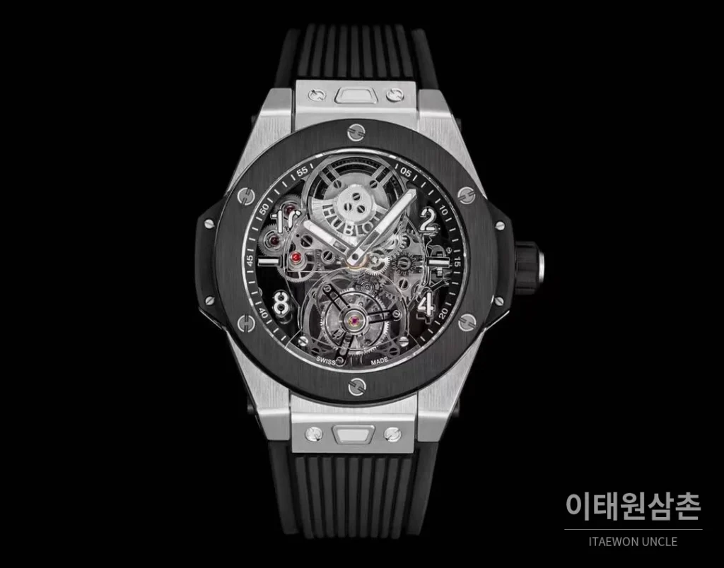 위블로 빅뱅 유니코 로즈골드 스켈레톤 투르비옹 수동 45mm 스켈레톤 다이얼 블랙 러버 스트랩 블랙 베젤