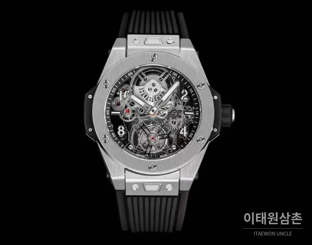 위블로 빅뱅 유니코 로즈골드 스켈레톤 투르비옹 수동 45mm 스켈레톤 다이얼 블랙 러버 스트랩 실버 베젤