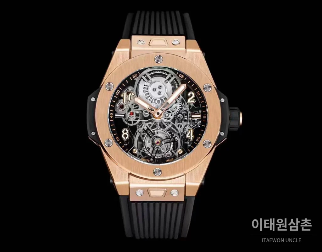 위블로 빅뱅 유니코 로즈골드 스켈레톤 투르비옹 수동 45mm 스켈레톤 다이얼 블랙 러버 스트랩 로즈골드 베젤