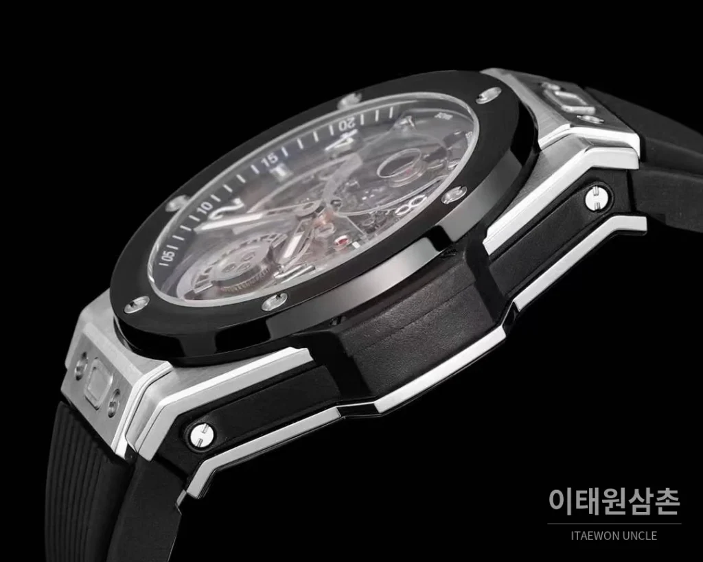 위블로 빅뱅 유니코 로즈골드 스켈레톤 투르비옹 수동 45mm 스켈레톤 다이얼 블랙 러버 스트랩 블랙 베젤