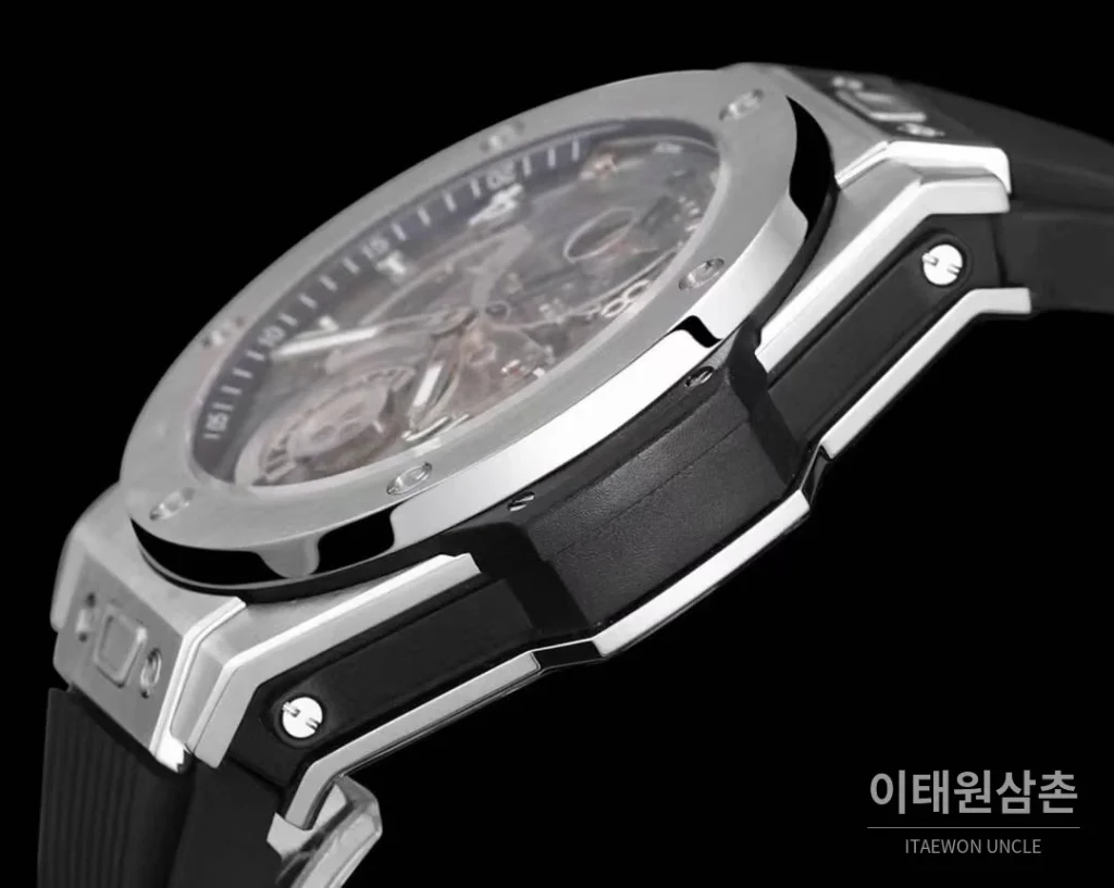 위블로 빅뱅 유니코 로즈골드 스켈레톤 투르비옹 수동 45mm 스켈레톤 다이얼 블랙 러버 스트랩 실버 베젤