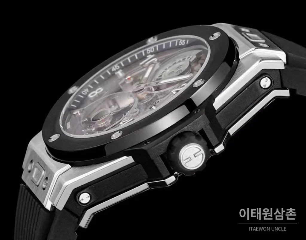 위블로 빅뱅 유니코 로즈골드 스켈레톤 투르비옹 수동 45mm 스켈레톤 다이얼 블랙 러버 스트랩 실버 베젤