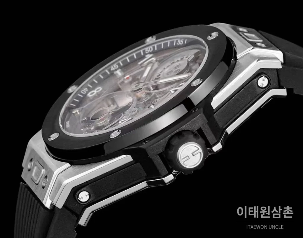 위블로 빅뱅 유니코 로즈골드 스켈레톤 투르비옹 수동 45mm 스켈레톤 다이얼 블랙 러버 스트랩 블랙 베젤