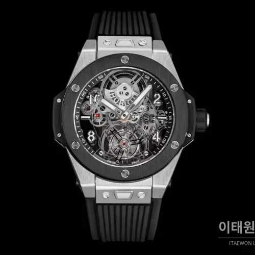위블로 빅뱅 유니코 스켈레톤 투르비옹 수동 45mm 스켈레톤 다이얼 블랙 러버 스트랩 블랙 베젤