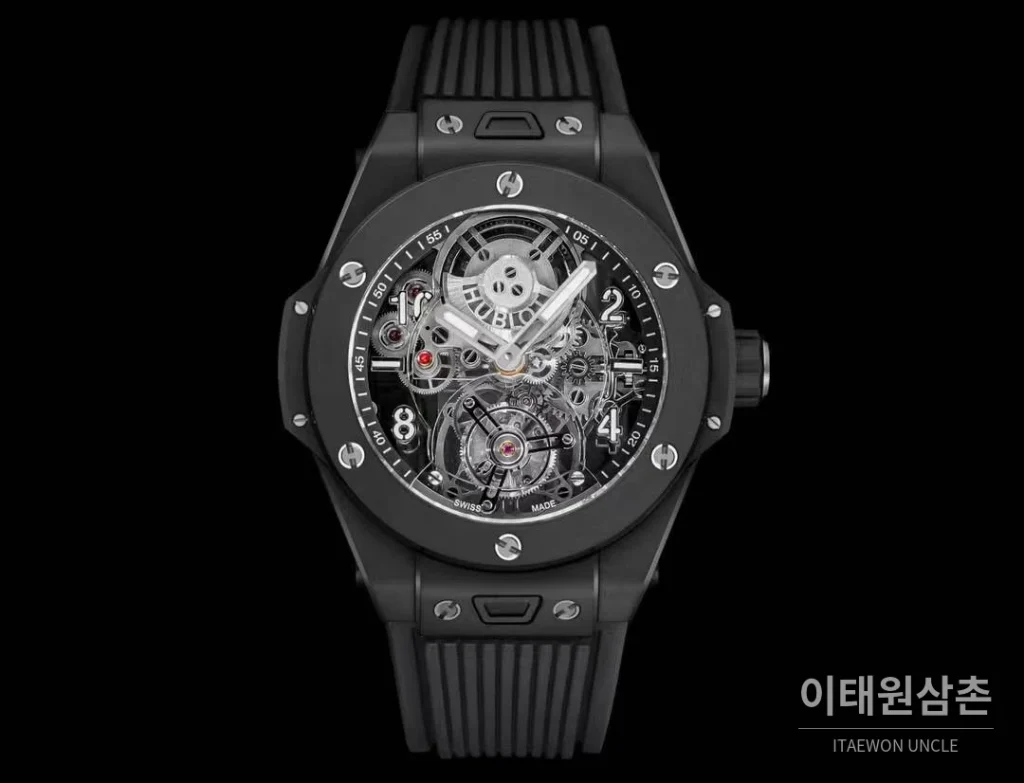 위블로 빅뱅 유니코 스켈레톤 투르비옹 수동 45mm 스켈레톤 다이얼 블랙 러버 스트랩 블랙 베젤 세라믹 케이스