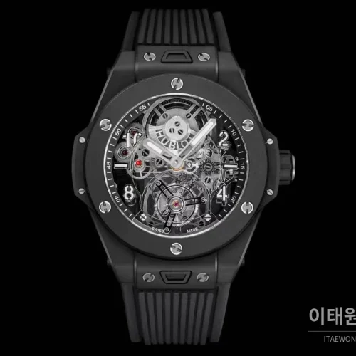 위블로 빅뱅 유니코 스켈레톤 투르비옹 수동 45mm 스켈레톤 다이얼 블랙 러버 스트랩 블랙 베젤 세라믹 케이스