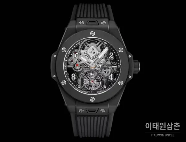 위블로 빅뱅 유니코 스켈레톤 투르비옹 수동 45mm 스켈레톤 다이얼 블랙 러버 스트랩 블랙 베젤 세라믹 케이스