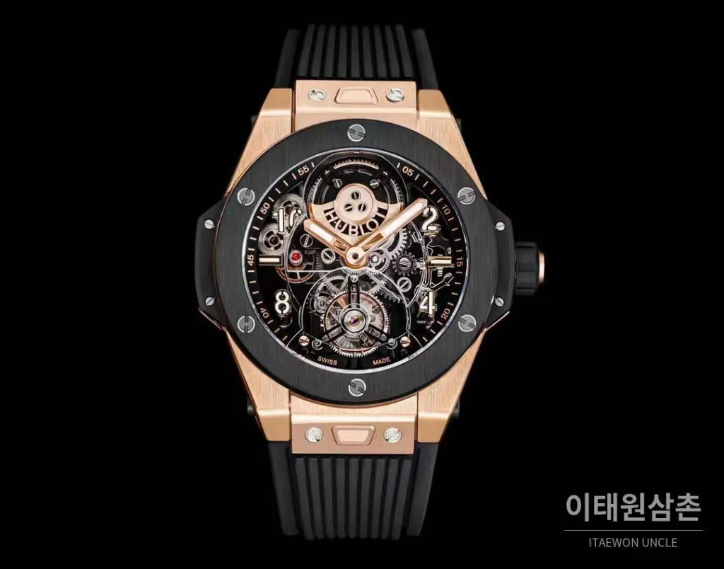 위블로 빅뱅 유니코 스켈레톤 투르비옹 수동 45mm 스켈레톤 다이얼 블랙 러버 스트랩 블랙 베젤 로즈골드 케이스