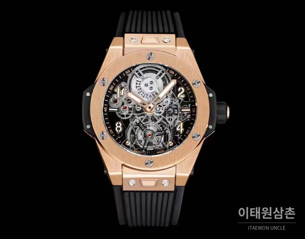 위블로 빅뱅 유니코 스켈레톤 투르비옹 수동 45mm 스켈레톤 다이얼 블랙 러버 스트랩 로즈골드 베젤 로즈골드 케이스