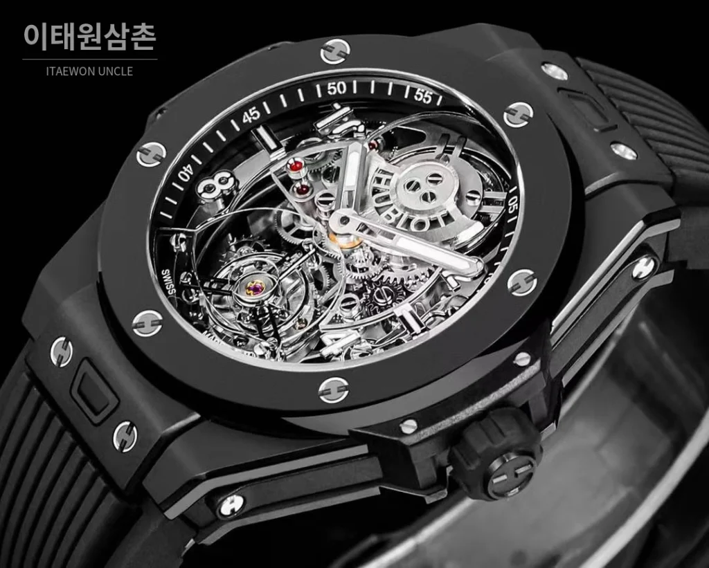 위블로 빅뱅 유니코 스켈레톤 투르비옹 수동 45mm 스켈레톤 다이얼 블랙 러버 스트랩 블랙 베젤 세라믹 케이스