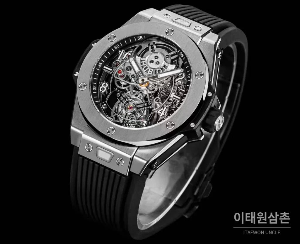 위블로 빅뱅 유니코 스켈레톤 투르비옹 수동 45mm 스켈레톤 다이얼 블랙 러버 스트랩