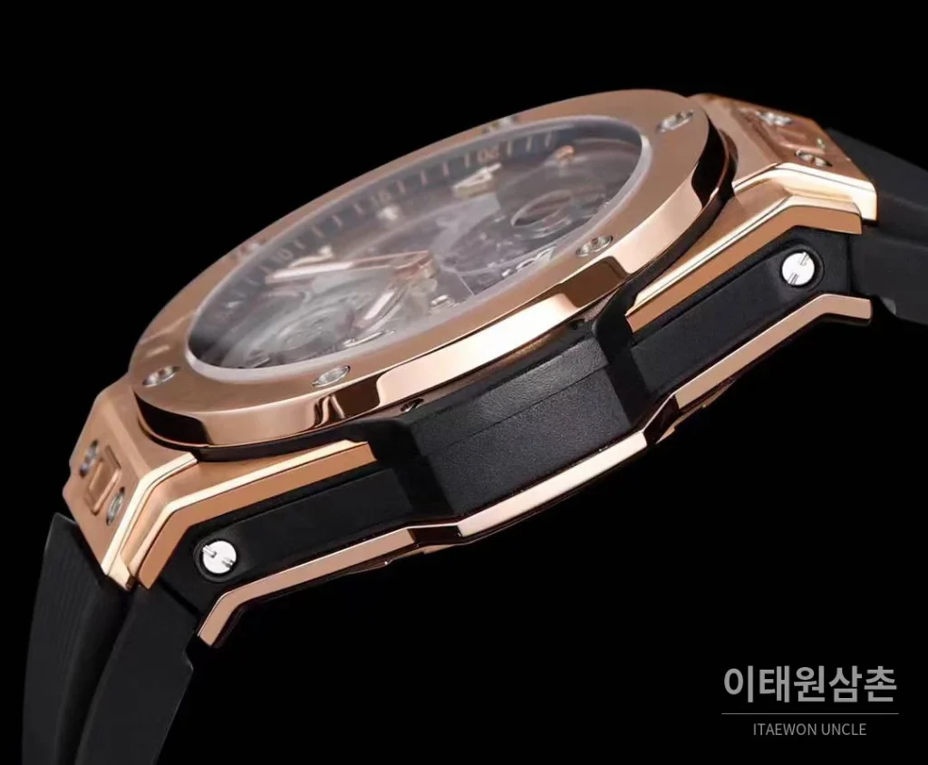 위블로 빅뱅 유니코 스켈레톤 투르비옹 수동 45mm 스켈레톤 다이얼 블랙 러버 스트랩 로즈골드 베젤 로즈골드 케이스