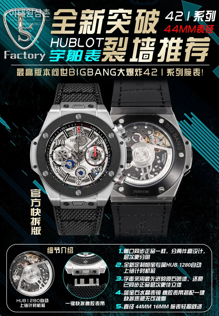 위블로 빅뱅 유니코 스틸 블랙 베젤 실버 스켈레톤 크로노그래프 오토매틱 44mm