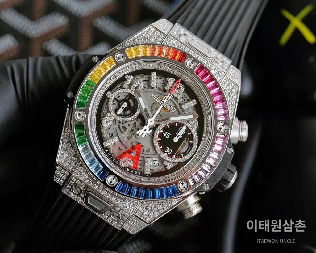 위블로 빅뱅 유니코 티타늄 세라믹 크로노그래프 45.5mm 411.NM.1170.RX 스켈레톤 다이얼 블랙 러버 스트랩 멀티컬러 베젤