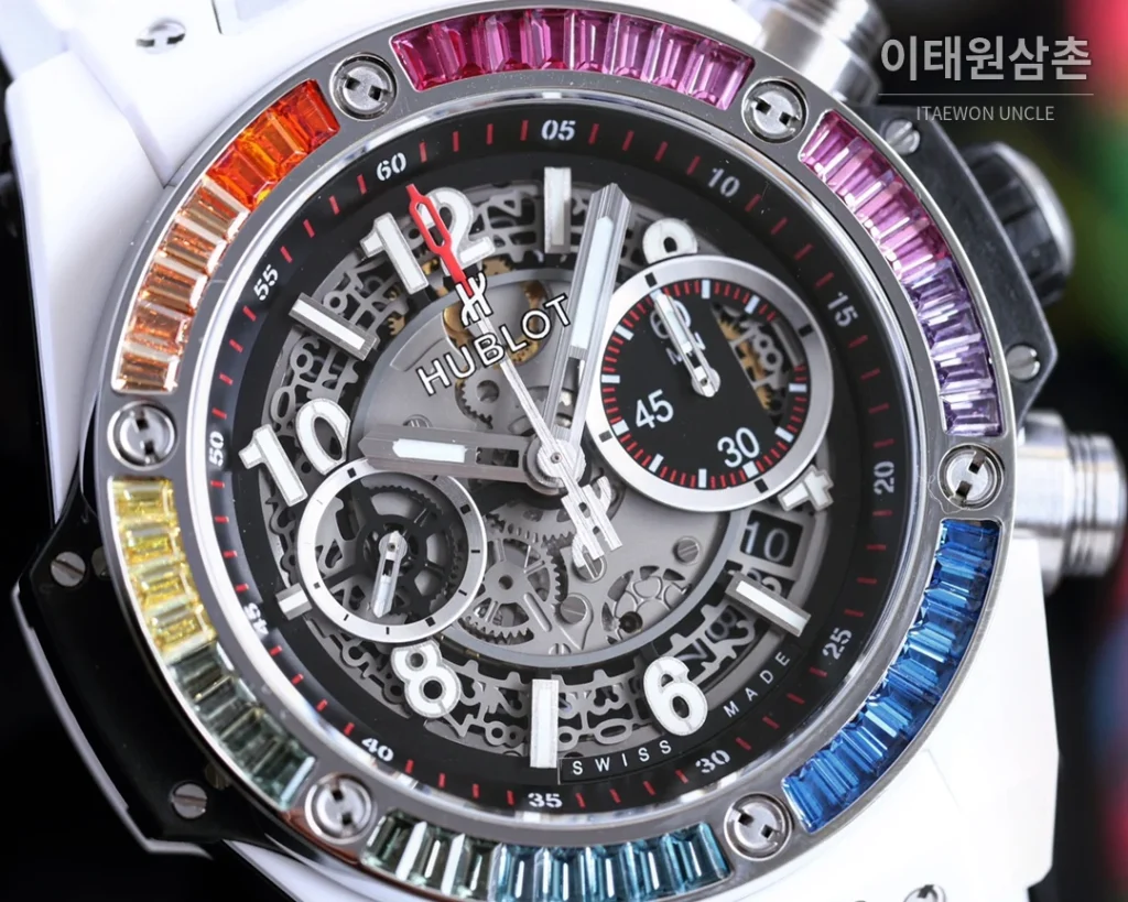 위블로 빅뱅 유니코 티타늄 세라믹 크로노그래프 45.5mm 411.NM.1170.RX 스켈레톤 다이얼 화이트 러버 스트랩 멀티컬러 베젤