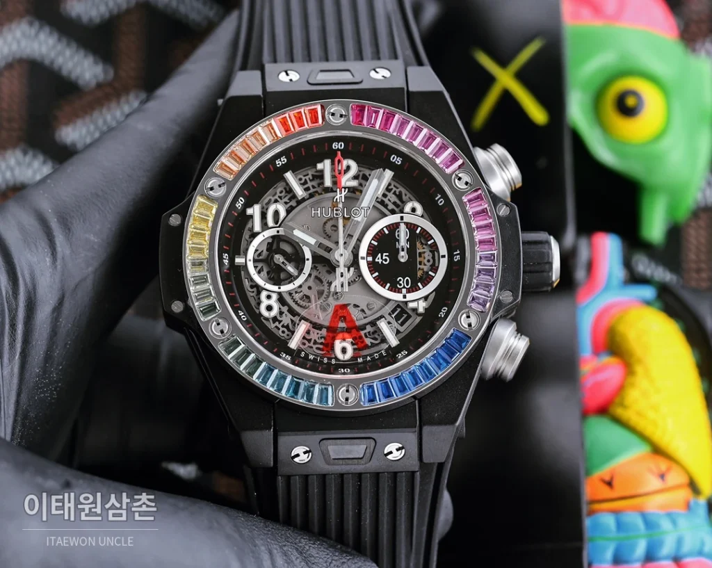 위블로 빅뱅 유니코 티타늄 세라믹 크로노그래프 45.5mm 411.NM.1170.RX 스켈레톤 다이얼 블랙 러버 스트랩 블랙 베젤