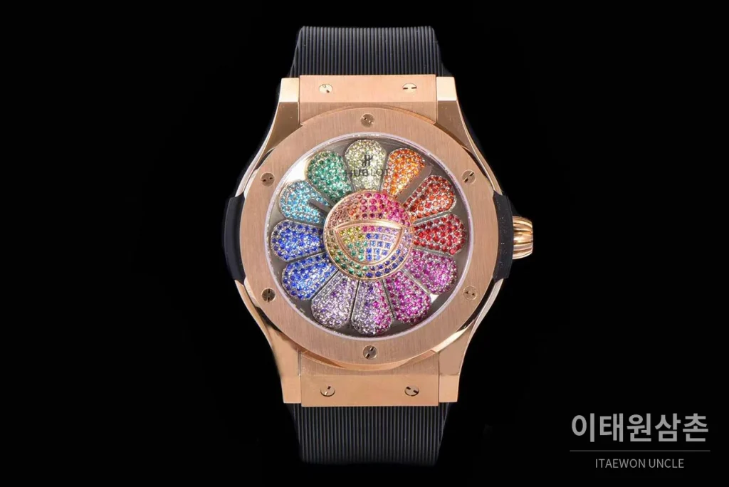 위블로 클래식 퓨전 무라카미 오토매틱 45mm 멀티컬러 다이얼 블랙 러버 스트랩 로즈골드 베젤