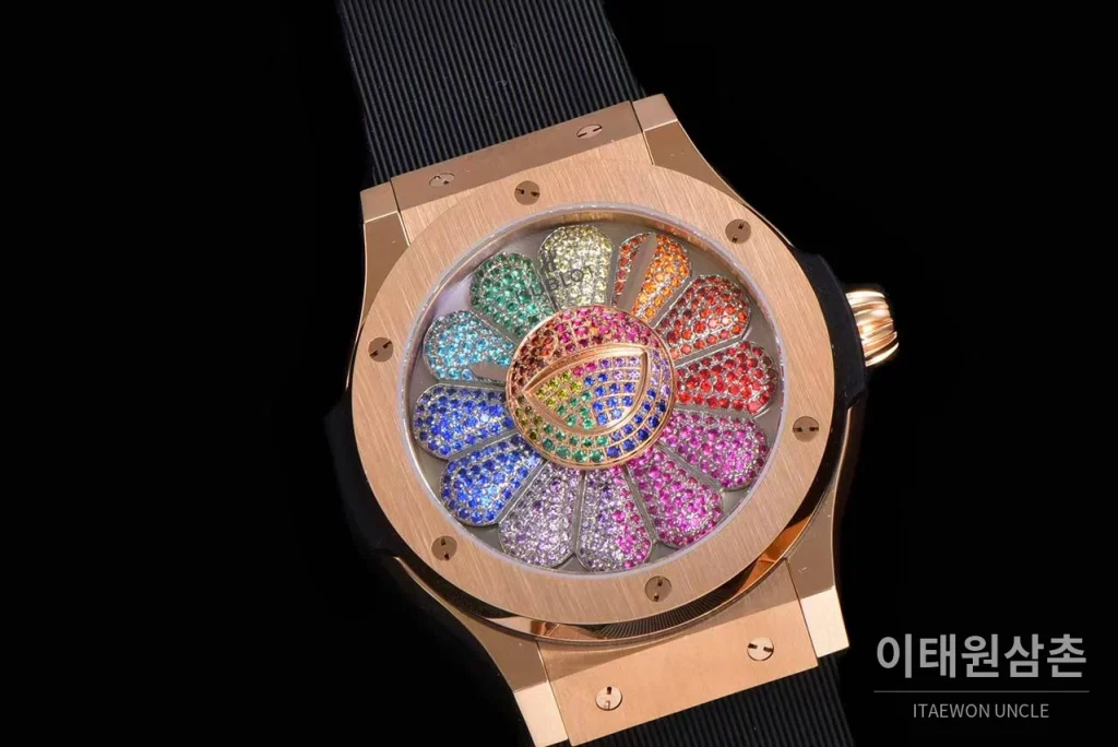 위블로 클래식 퓨전 무라카미 오토매틱 45mm 멀티컬러 다이얼 블랙 러버 스트랩 로즈골드 베젤