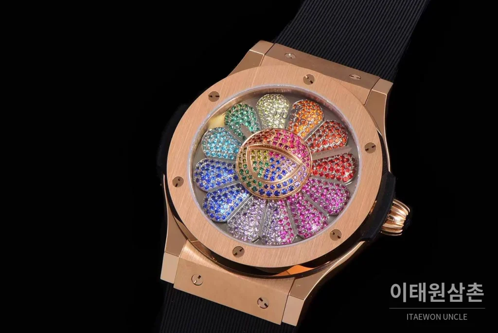 위블로 클래식 퓨전 무라카미 오토매틱 45mm 멀티컬러 다이얼 블랙 러버 스트랩 로즈골드 베젤