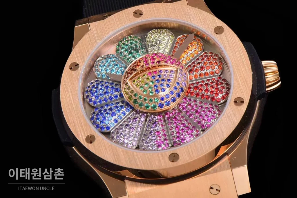 위블로 클래식 퓨전 무라카미 오토매틱 45mm 멀티컬러 다이얼 블랙 러버 스트랩 로즈골드 베젤