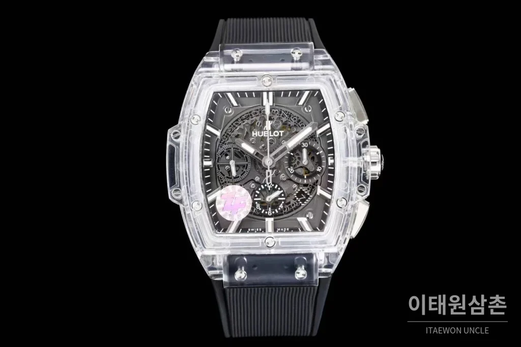 위블로 스피릿 오브 빅뱅 올클리어 스켈레톤 크로노그래프 오토매틱 42mm 투명 스켈레톤 다이얼 블랙 러버 스트랩