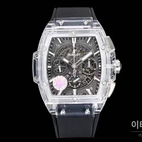 위블로 스피릿 오브 빅뱅 올클리어 스켈레톤 크로노그래프 오토매틱 42mm 투명 스켈레톤 다이얼 블랙 러버 스트랩