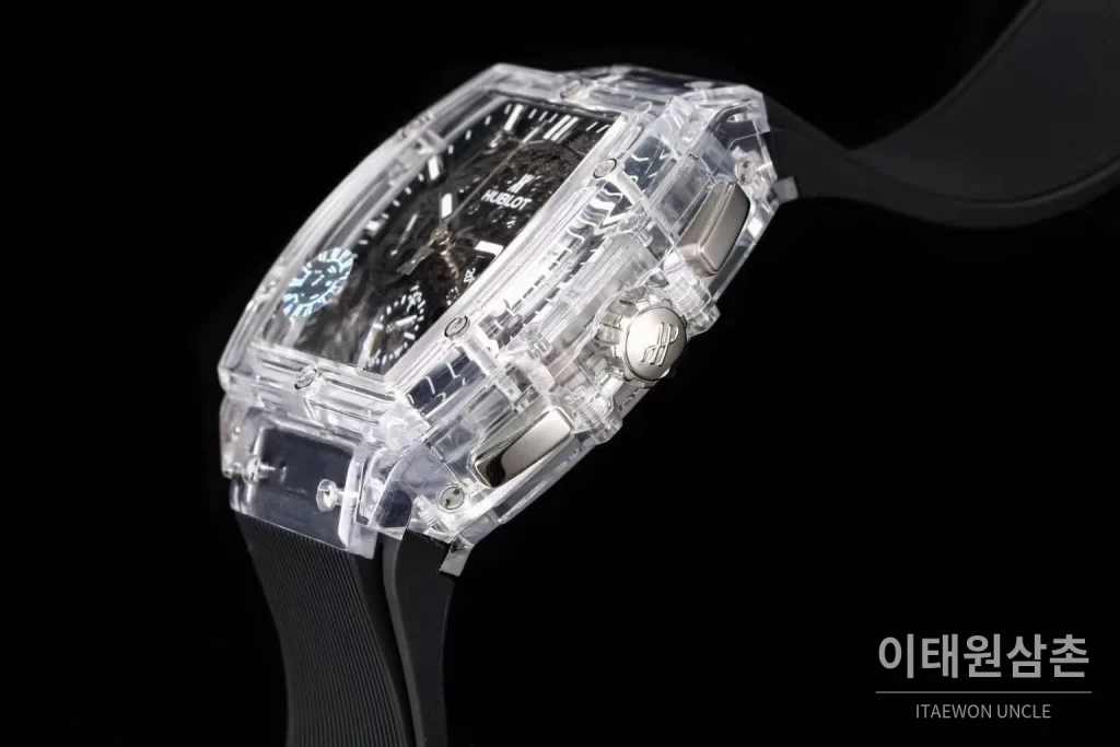 위블로 스피릿 오브 빅뱅 올클리어 스켈레톤 크로노그래프 오토매틱 42mm 투명 스켈레톤 다이얼 블랙 러버 스트랩