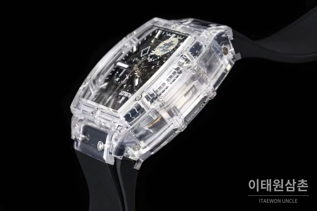 위블로 스피릿 오브 빅뱅 올클리어 스켈레톤 크로노그래프 오토매틱 42mm 투명 스켈레톤 다이얼 블랙 러버 스트랩