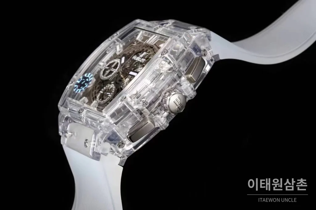 위블로 스피릿 오브 빅뱅 올클리어 스켈레톤 크로노그래프 오토매틱 42mm 투명 스켈레톤 다이얼 화이트 러버 스트랩