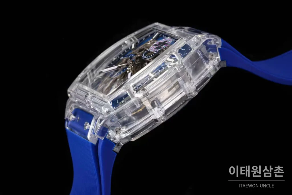 위블로 스피릿 오브 빅뱅 올클리어 스켈레톤 크로노그래프 오토매틱 42mm 투명 스켈레톤 다이얼 블루 러버 스트랩