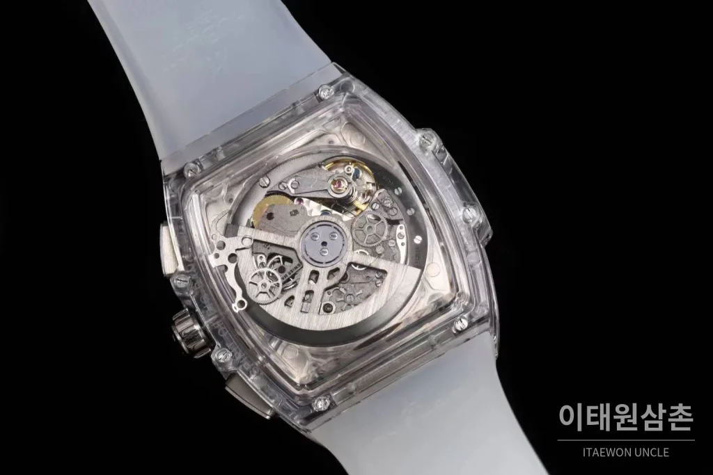 위블로 스피릿 오브 빅뱅 올클리어 스켈레톤 크로노그래프 오토매틱 42mm 투명 스켈레톤 다이얼 화이트 러버 스트랩