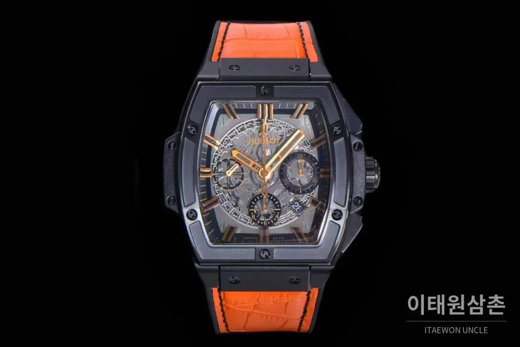 위블로 스피릿 오브 빅뱅 화이트 토노형 스켈레톤 크로노그래프 오토매틱 45mm 스켈레톤 다이얼 오렌지 가죽 스트랩 블랙 베젤
