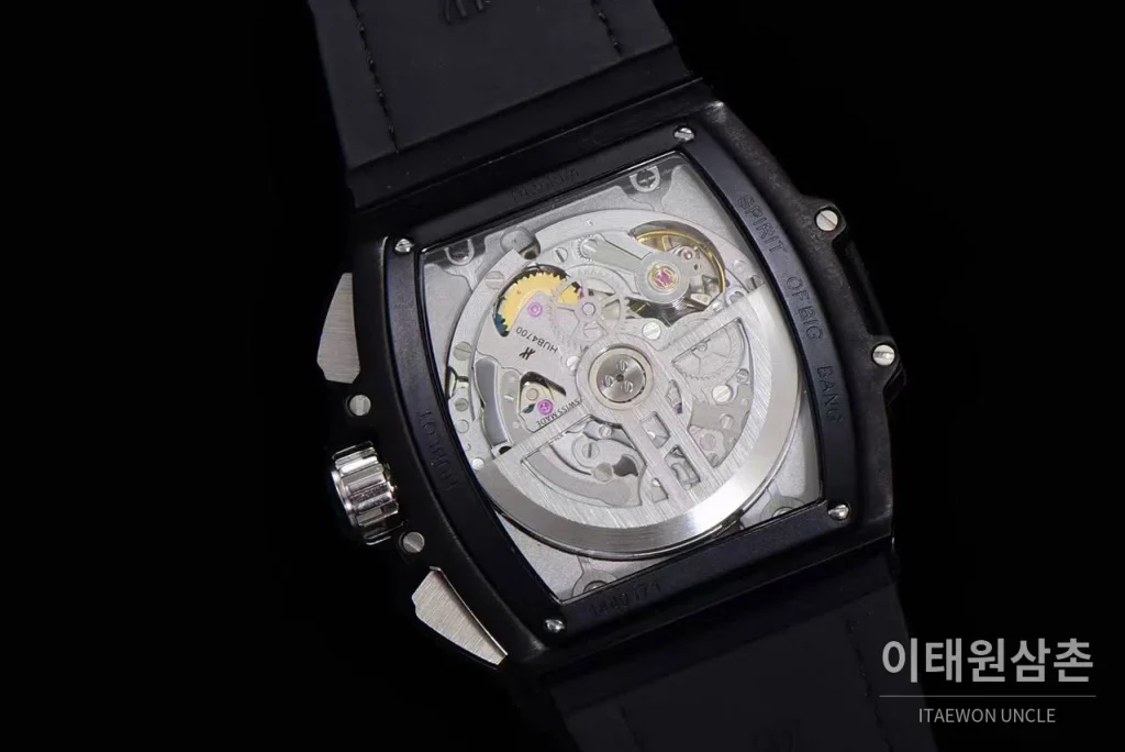 위블로 스피릿 오브 빅뱅 화이트 토노형 스켈레톤 크로노그래프 오토매틱 45mm 스켈레톤 다이얼 오렌지 가죽 스트랩 블랙 베젤