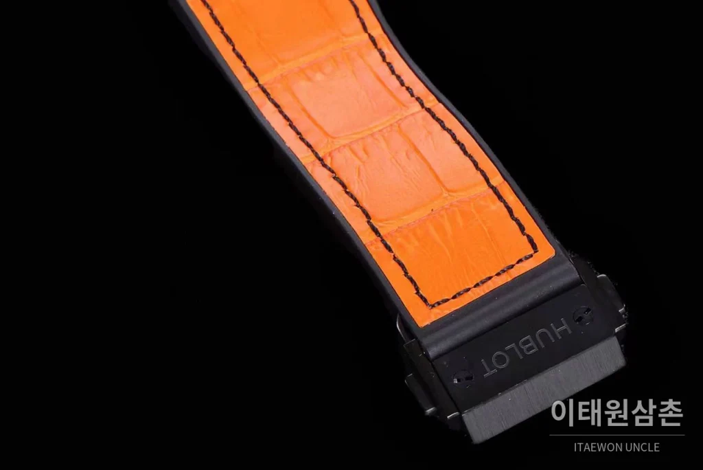 위블로 스피릿 오브 빅뱅 화이트 토노형 스켈레톤 크로노그래프 오토매틱 45mm 스켈레톤 다이얼 오렌지 가죽 스트랩 블랙 베젤