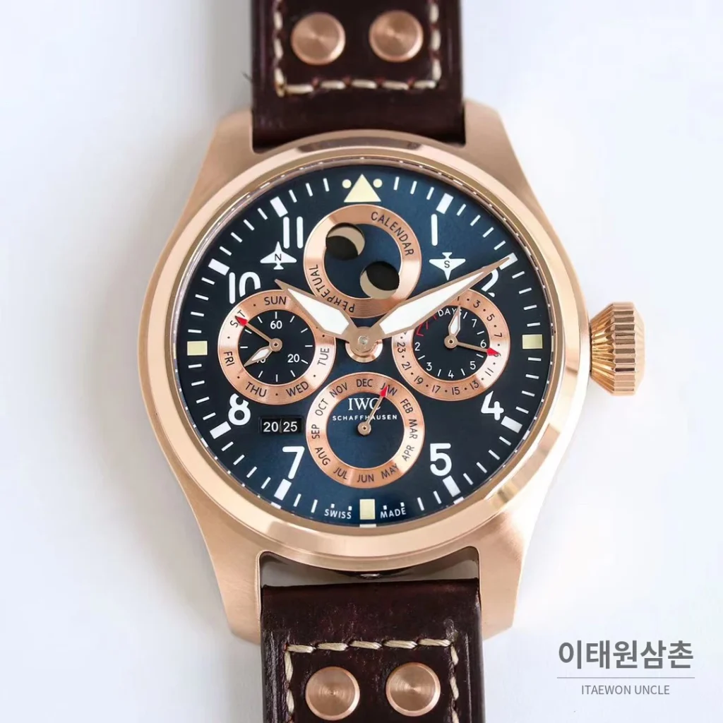 IWC 빅파일럿 퍼페추얼 캘린더 스틸 오토매틱 41mm IW503605 네이비 다이얼 브라운 가죽 스트랩