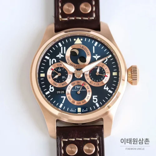 IWC 빅파일럿 퍼페추얼 캘린더 스틸 오토매틱 41mm IW503605 네이비 다이얼 브라운 가죽 스트랩