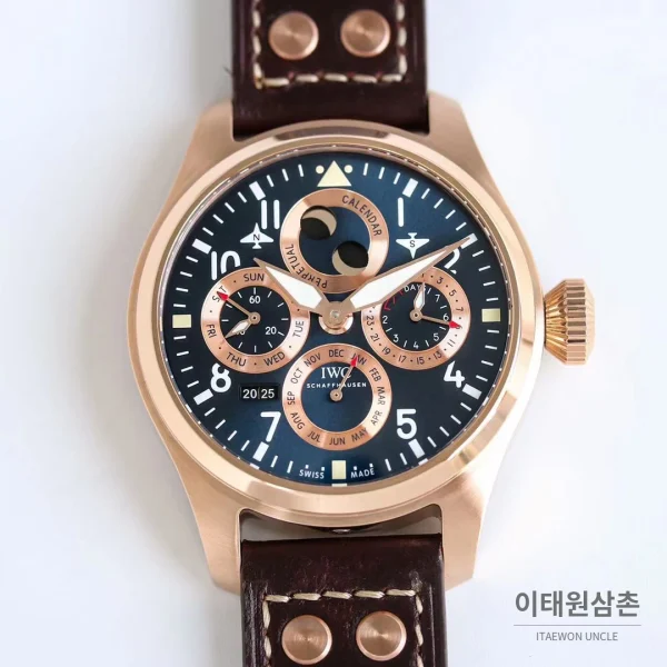 IWC 빅파일럿 퍼페추얼 캘린더 스틸 오토매틱 41mm IW503605 네이비 다이얼 브라운 가죽 스트랩