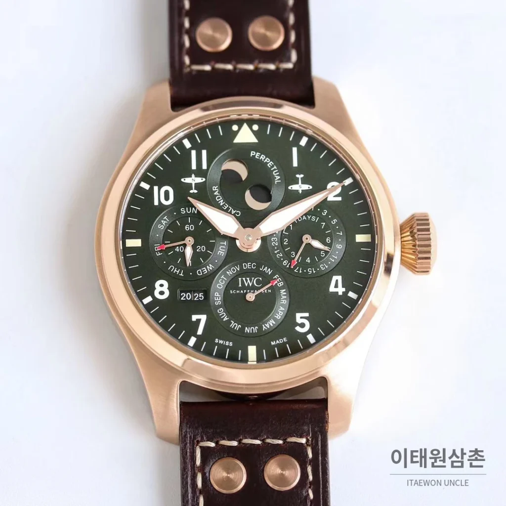 IWC 빅파일럿 퍼페추얼 캘린더 스틸 오토매틱 41mm IW503605 그린 다이얼 브라운 가죽 스트랩