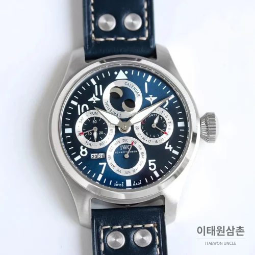 IWC 빅파일럿 퍼페추얼 캘린더 스틸 오토매틱 41mm IW503605 네이비 다이얼 네이비 가죽 스트랩