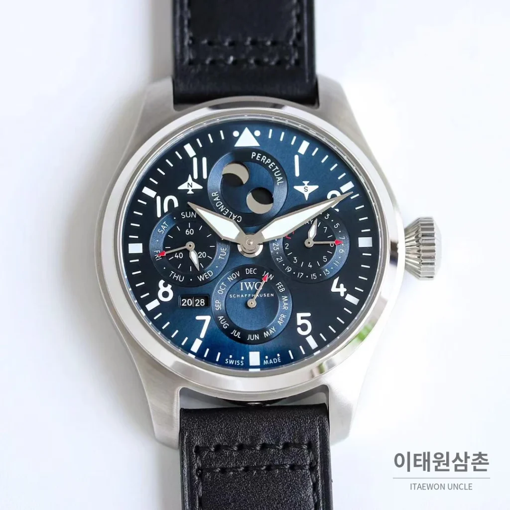 IWC 빅파일럿 퍼페추얼 캘린더 스틸 오토매틱 41mm IW503605 네이비 다이얼 블랙 가죽 스트랩