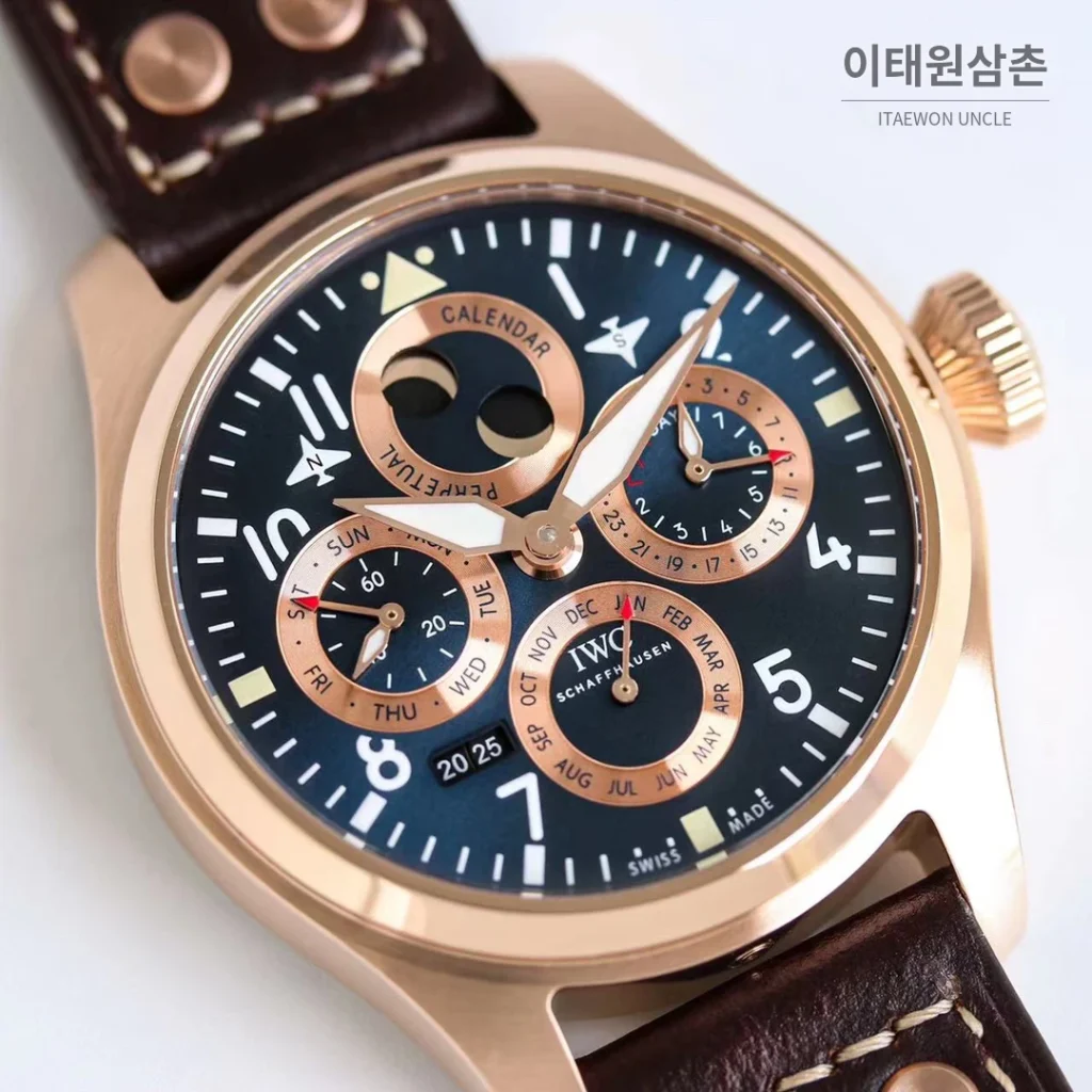 IWC 빅파일럿 퍼페추얼 캘린더 스틸 오토매틱 41mm IW503605 네이비 다이얼 브라운 가죽 스트랩