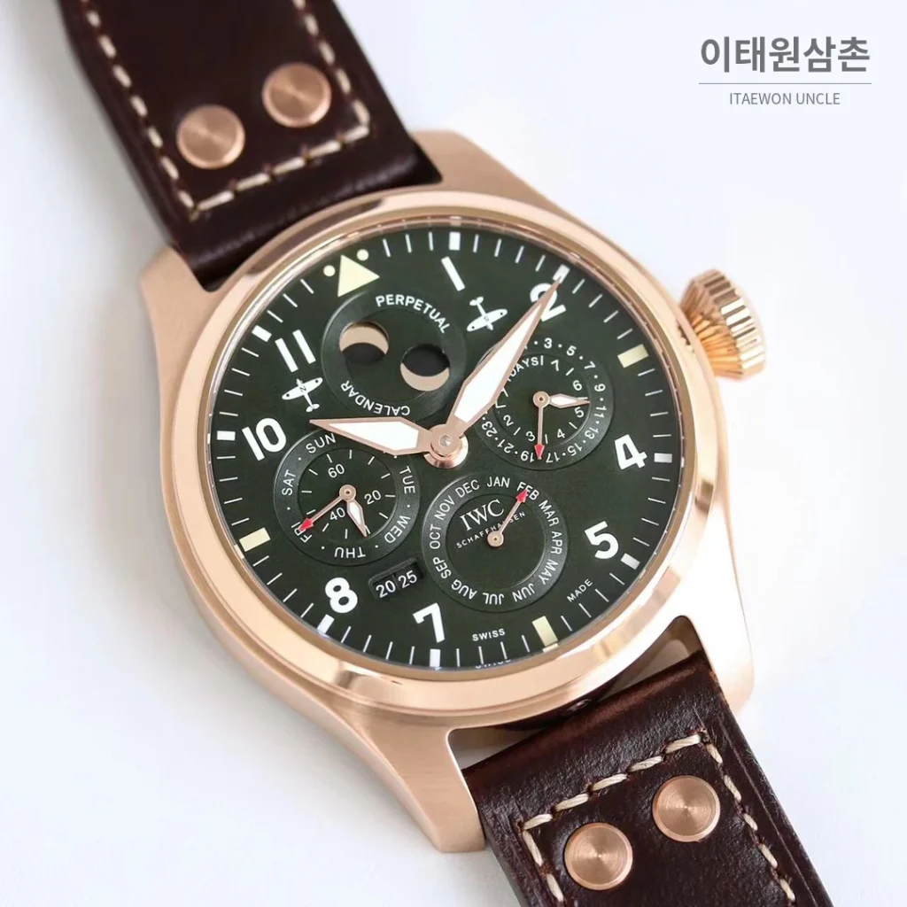 IWC 빅파일럿 퍼페추얼 캘린더 스틸 오토매틱 41mm IW503605 그린 다이얼 브라운 가죽 스트랩