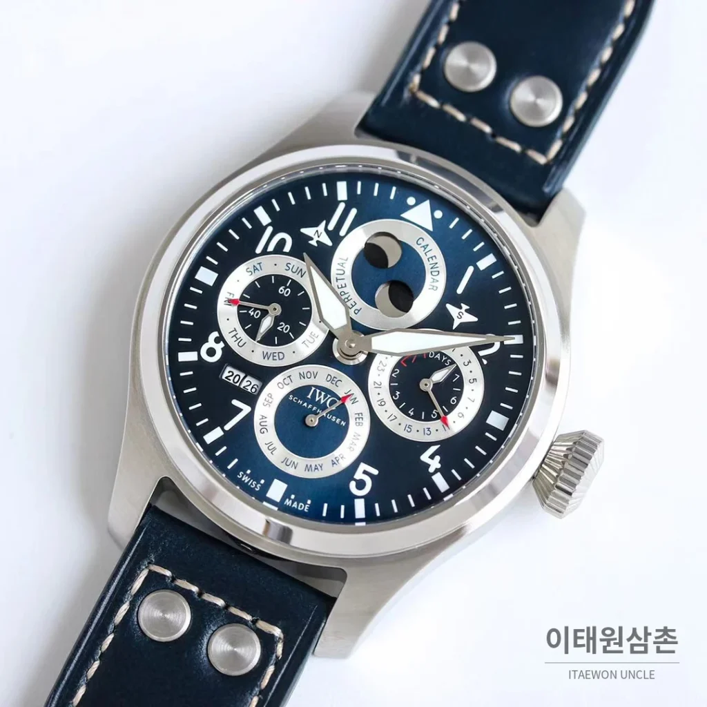 IWC 빅파일럿 퍼페추얼 캘린더 스틸 오토매틱 41mm IW503605 네이비 다이얼 네이비 가죽 스트랩