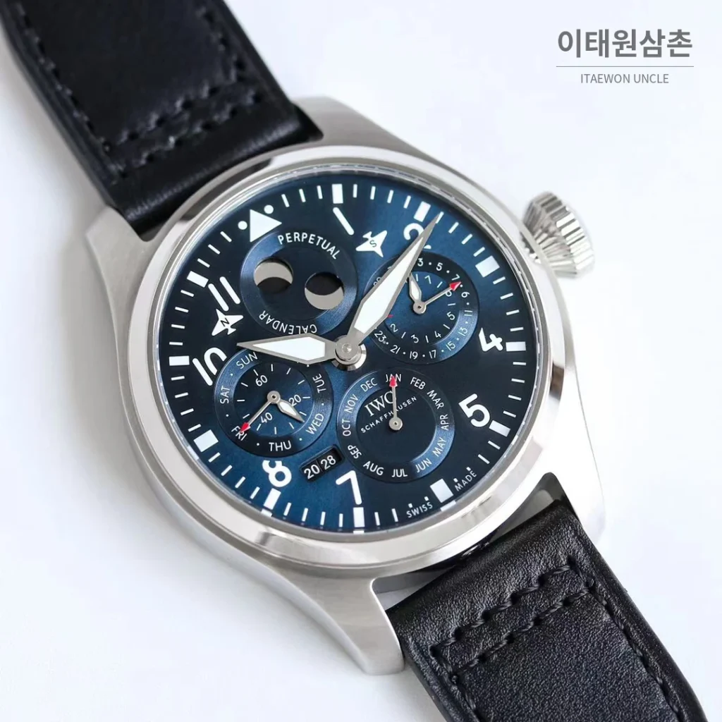 IWC 빅파일럿 퍼페추얼 캘린더 스틸 오토매틱 41mm IW503605 네이비 다이얼 블랙 가죽 스트랩