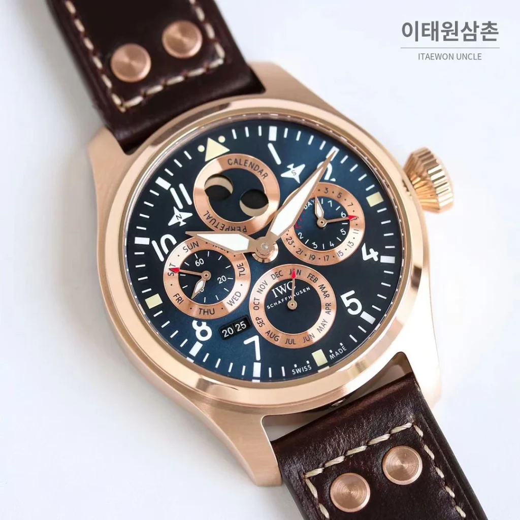 IWC 빅파일럿 퍼페추얼 캘린더 스틸 오토매틱 41mm IW503605 네이비 다이얼 브라운 가죽 스트랩