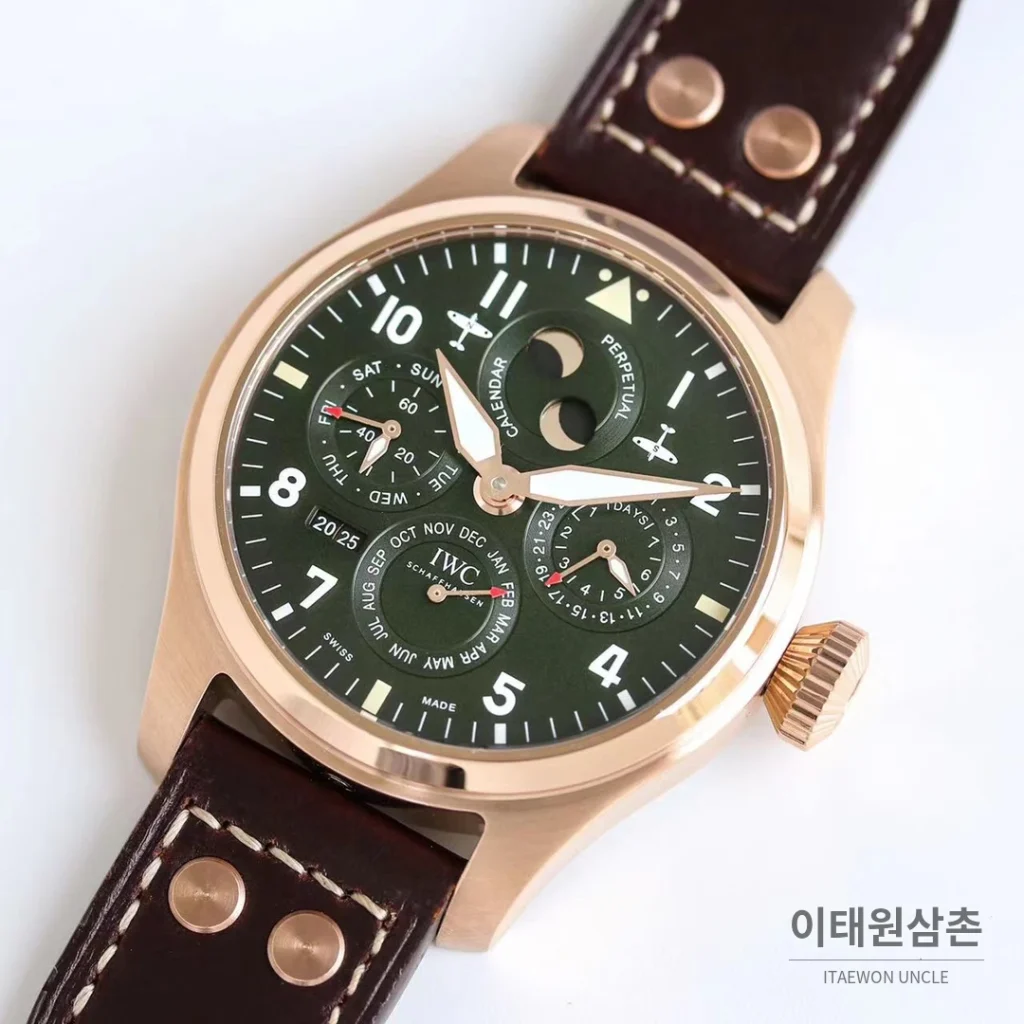 IWC 빅파일럿 퍼페추얼 캘린더 스틸 오토매틱 41mm IW503605 그린 다이얼 브라운 가죽 스트랩