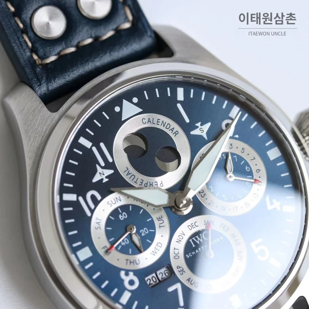 IWC 빅파일럿 퍼페추얼 캘린더 스틸 오토매틱 41mm IW503605 네이비 다이얼 네이비 가죽 스트랩