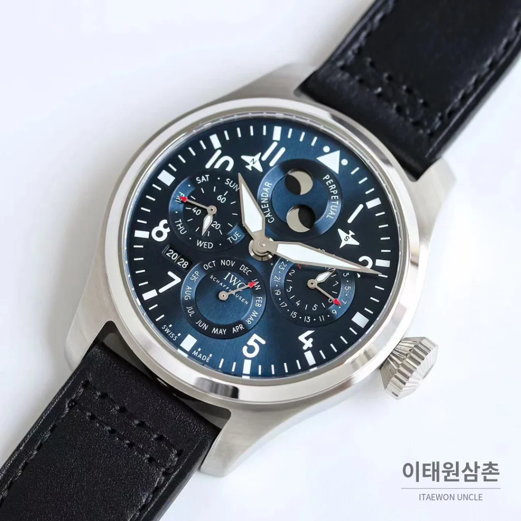 IWC 빅파일럿 퍼페추얼 캘린더 스틸 오토매틱 41mm IW503605 네이비 다이얼 블랙 가죽 스트랩